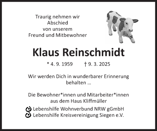 Traueranzeige von Klaus Reinschmidt von Siegener Zeitung