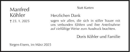 Traueranzeige von Manfred Köhler von Siegener Zeitung