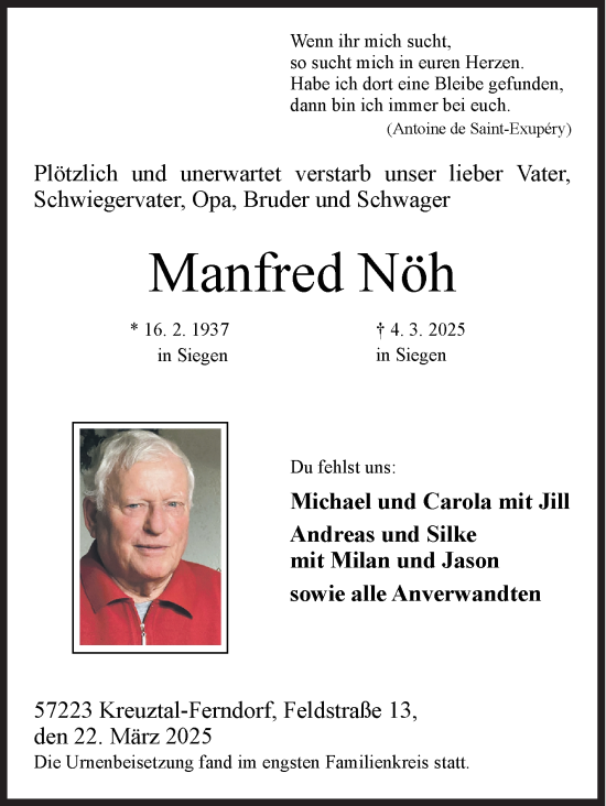 Traueranzeige von Manfred Nöh von Siegener Zeitung