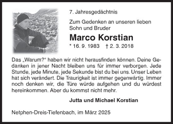Traueranzeige von Marco Korstian von Siegener Zeitung