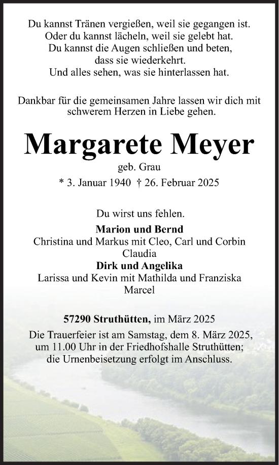 Traueranzeige von Margarete Meyer von Siegener Zeitung