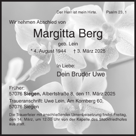 Traueranzeige von Margitta Berg von Siegener Zeitung