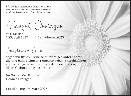 Traueranzeige von Margret Orsinger von Siegener Zeitung