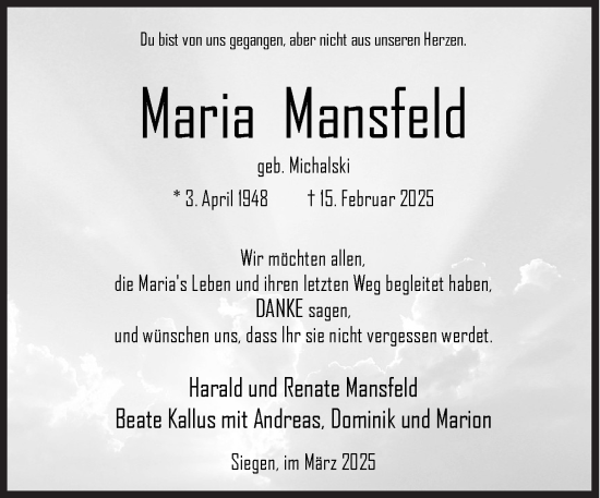 Traueranzeige von Maria Mansfeld von Siegener Zeitung