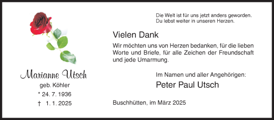 Traueranzeige von Marianne Utsch von Siegener Zeitung