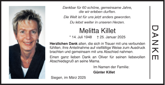 Traueranzeige von Melitta Killet von Siegener Zeitung