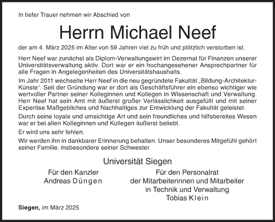 Traueranzeige von Michael Neef von Siegener Zeitung