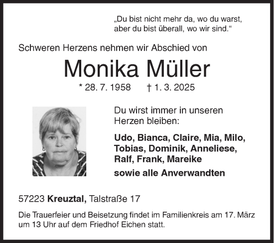 Traueranzeige von Monika Müller von Siegener Zeitung