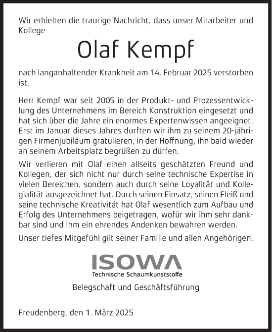 Traueranzeige von Olaf Kempf von Siegener Zeitung
