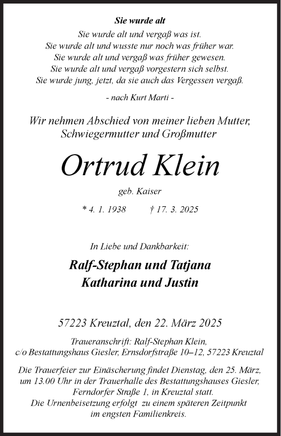 Traueranzeige von Ortrud Klein von Siegener Zeitung
