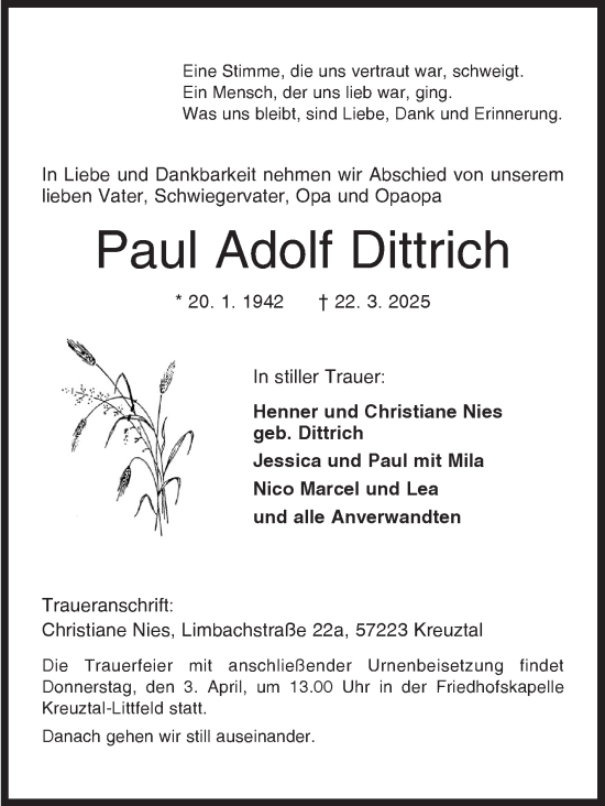 Traueranzeige von Paul Adolf Dittrich von Siegener Zeitung
