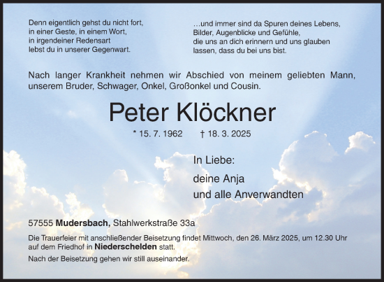 Traueranzeige von Peter Klöckner von Siegener Zeitung