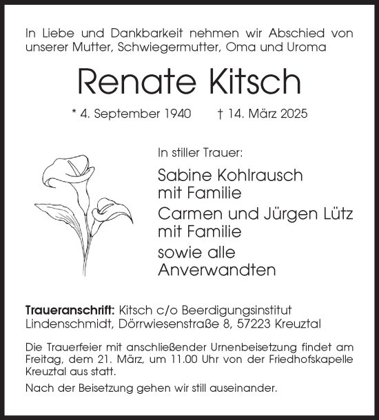 Traueranzeige von Renate Kitsch von Siegener Zeitung