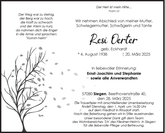 Traueranzeige von Resi Oerter von Siegener Zeitung