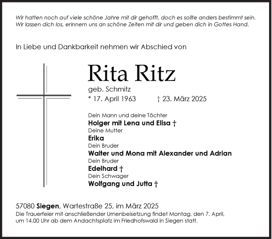 Traueranzeige von Rita Ritz von Siegener Zeitung
