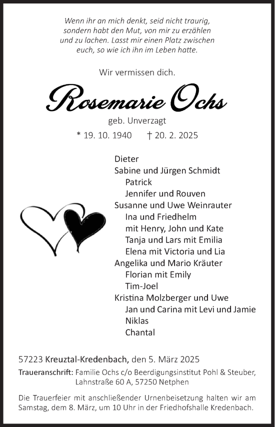 Traueranzeige von Rosemarie Ochs von Siegener Zeitung