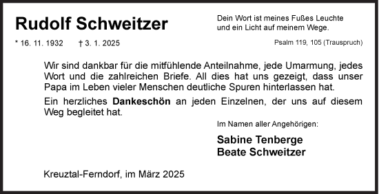 Traueranzeige von Rudolf Schweitzer von Siegener Zeitung