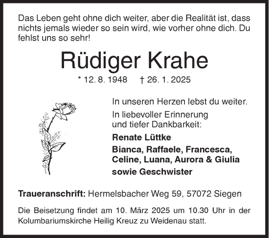 Traueranzeige von Rüdiger Krahe von Siegener Zeitung
