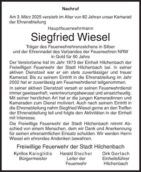 Traueranzeige von Siegfried Wiesel von Siegener Zeitung