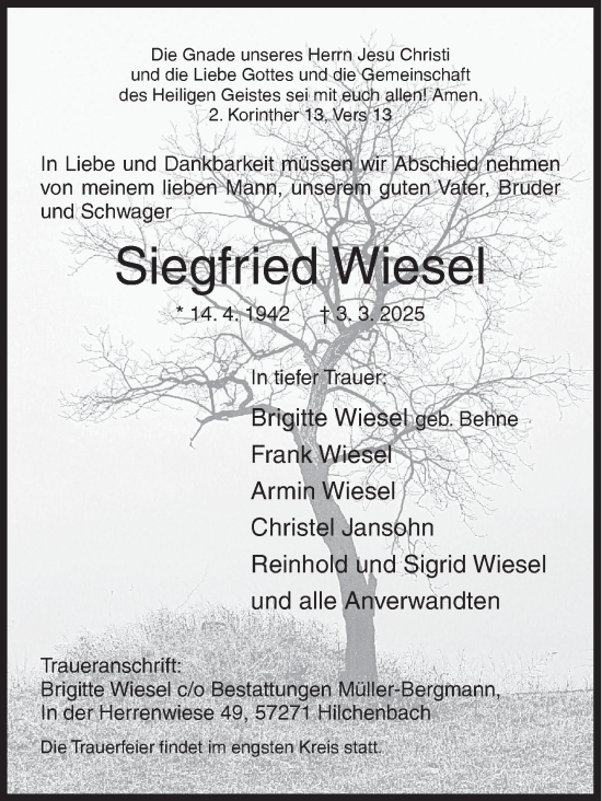 Traueranzeige von Siegfried Wiesel von Siegener Zeitung