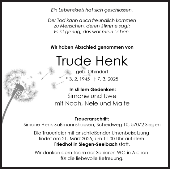 Traueranzeige von Trude Henk von Siegener Zeitung
