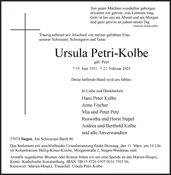 Traueranzeige von Ursula Petri-Kolbe von Siegener Zeitung