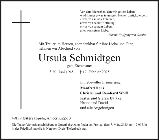 Traueranzeige von Ursula Schmidtgen von Siegener Zeitung