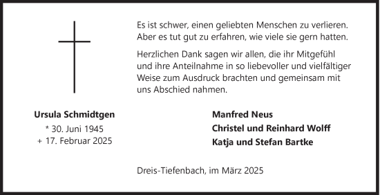 Traueranzeige von Ursula Schmidtgen von Siegener Zeitung