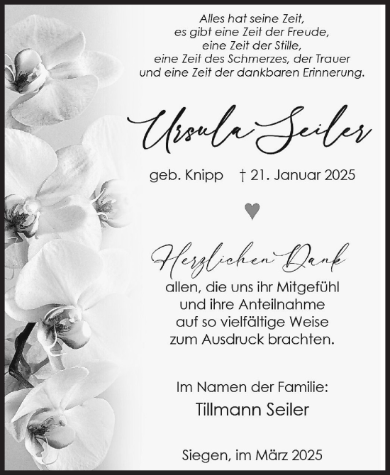 Traueranzeige von Ursula Seiler von Siegener Zeitung