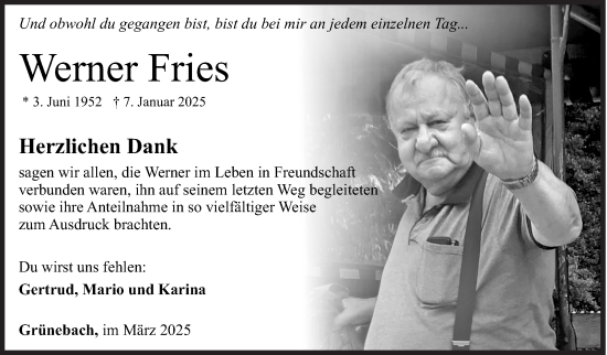 Traueranzeige von Werner Fries von Siegener Zeitung