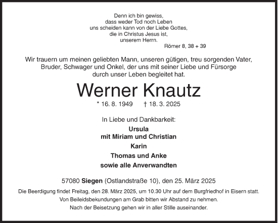 Traueranzeige von Werner Knautz von Siegener Zeitung