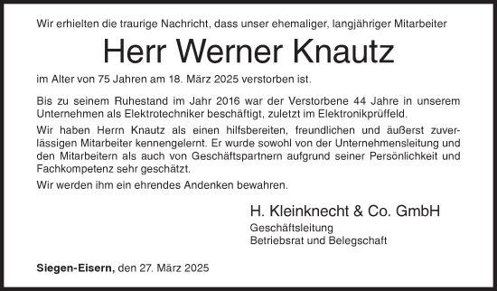 Traueranzeige von Werner Knautz von Siegener Zeitung