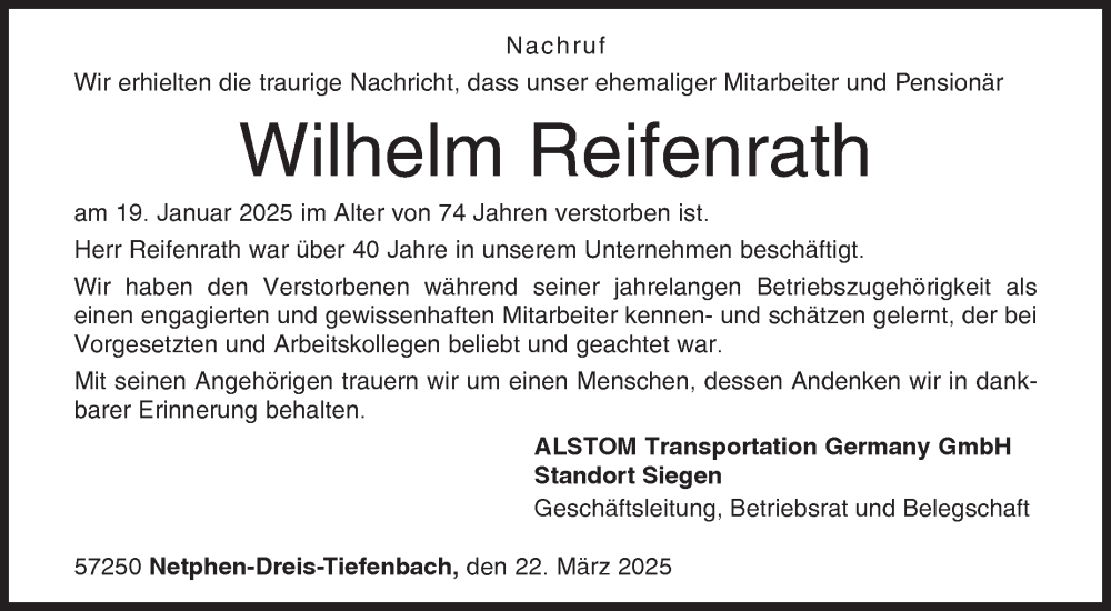  Traueranzeige für Wilhelm Reifenrath vom 22.03.2025 aus Siegener Zeitung