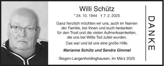 Traueranzeige von Willi Schütz von Siegener Zeitung