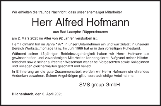 Traueranzeige von Alfred Hofmann von Siegener Zeitung