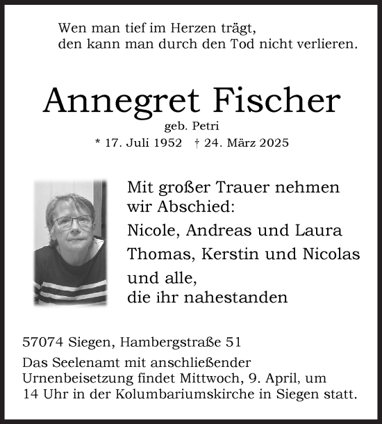 Traueranzeige von Annegret Fischer von Siegener Zeitung
