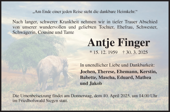 Traueranzeige von Antje Finger von Siegener Zeitung