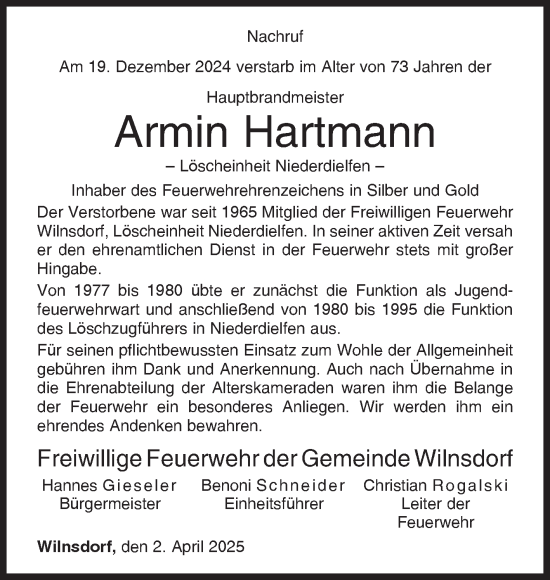 Traueranzeige von Armin Hartmann von Siegener Zeitung