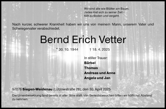 Traueranzeige von Bernd Erich Vetter von Siegener Zeitung