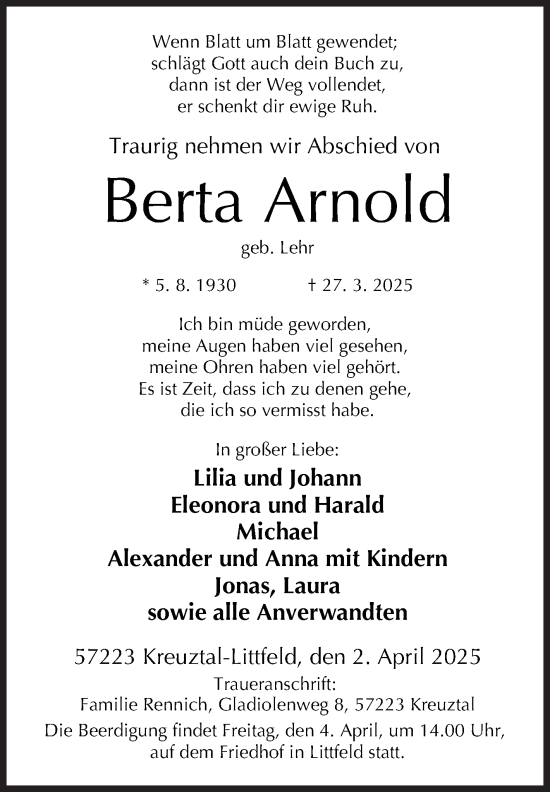 Traueranzeige von Berta Arnold von Siegener Zeitung