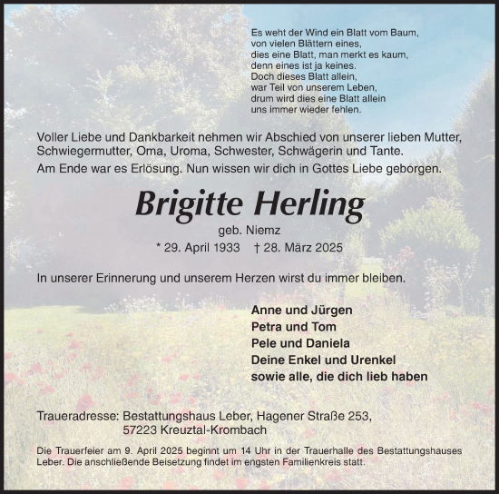 Traueranzeige von Brigitte Herling von Siegener Zeitung