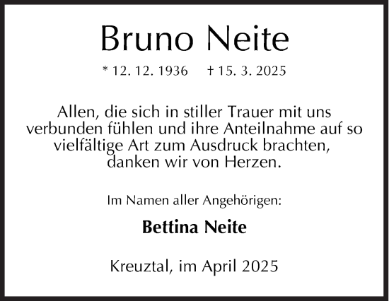 Traueranzeige von Bruno Neite von Siegener Zeitung