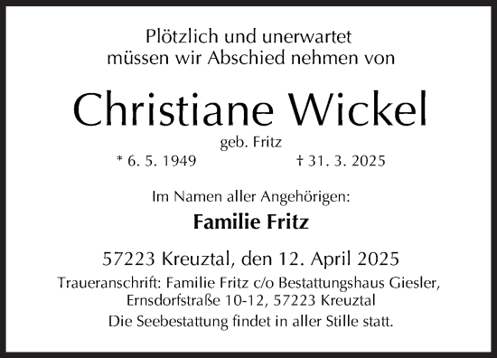 Traueranzeige von Christiane Wickel von Siegener Zeitung