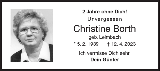 Traueranzeige von Christine Borth von Siegener Zeitung