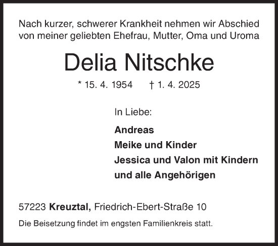 Traueranzeige von Delia Nitschke von Siegener Zeitung