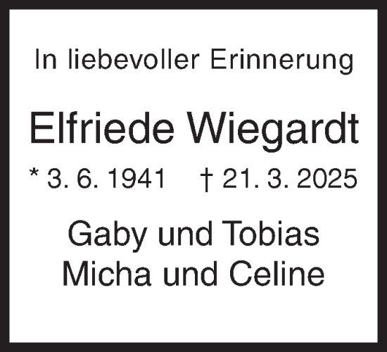 Traueranzeige von Elfriede Wiegardt von Siegener Zeitung