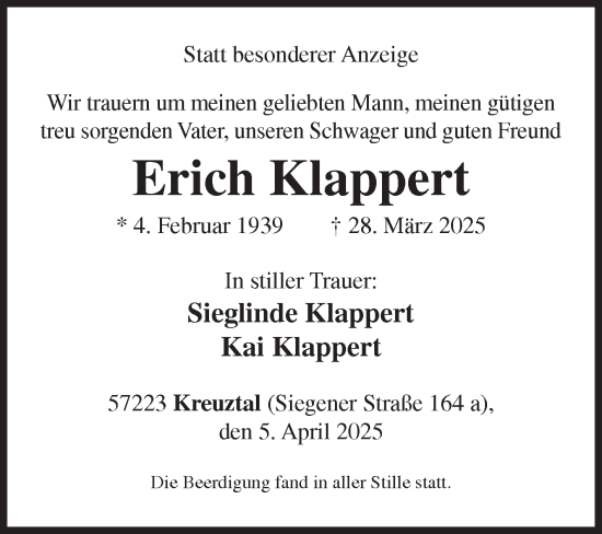 Traueranzeige von Erich Klappert von Siegener Zeitung