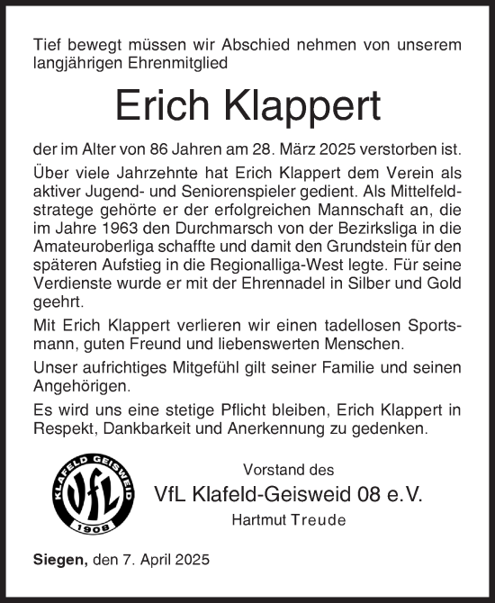 Traueranzeige von Erich Klappert von Siegener Zeitung