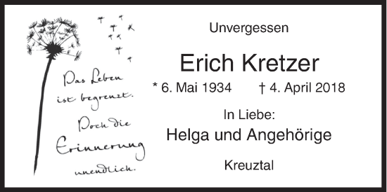 Traueranzeige von Erich Kretzer von Siegener Zeitung