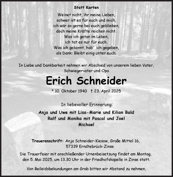 Traueranzeige von Erich Schneider von Siegener Zeitung